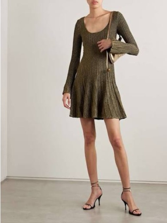 STAUD Dresses & Skirts - STAUD Olive Metallic Ribbed Scoop-Neck Fit & Flare Dress